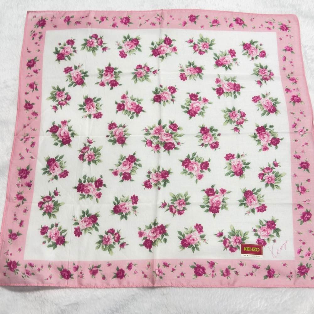 Kenzo Pink and Green Floral Scarf/Handkerchief Cotton 17.5/17.5 - Picture 6 of 9